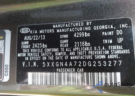 2013 Kia Optima Ex from USA, damaged, VIN 5XXGN4A72DG253277